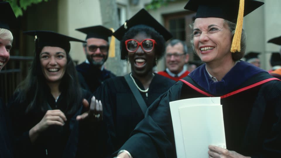 In this June 1982 photo, Supreme Court Justice Sandra Day O'Connor shakes hands at the graduation ceremonies at Stanford University. She gave the commencement speech that year. - Roger Ressmeyer/Corbis Historical/Getty Images