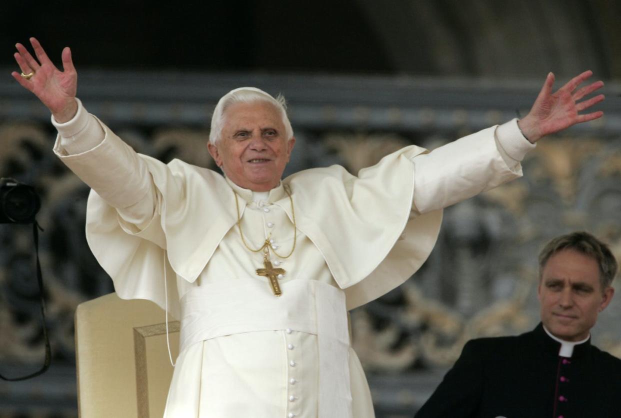 <span class="caption"><span class="caas-xray-inline-tooltip"><span class="caas-xray-inline caas-xray-entity caas-xray-pill rapid-nonanchor-lt" data-entity-id="Pope_Benedict_XVI" data-ylk="cid:Pope_Benedict_XVI;pos:1;elmt:wiki;sec:pill-inline-entity;elm:pill-inline-text;itc:1;cat:ReligiousFigure;" tabindex="0" aria-haspopup="dialog"><a href="https://search.yahoo.com/search?p=Pope%20Benedict%20XVI" data-i13n="cid:Pope_Benedict_XVI;pos:1;elmt:wiki;sec:pill-inline-entity;elm:pill-inline-text;itc:1;cat:ReligiousFigure;" tabindex="-1" data-ylk="slk:Pope Benedict XVI;cid:Pope_Benedict_XVI;pos:1;elmt:wiki;sec:pill-inline-entity;elm:pill-inline-text;itc:1;cat:ReligiousFigure;" class="link ">Pope Benedict XVI</a></span></span> acknowledges the crowd during an audience in St. Peter's Square at the Vatican on Oct.24, 2007. A January 2022 report faulted his handling of several sex abuse cases.</span> <span class="attribution"><a class="link " href="https://newsroom.ap.org/detail/GermanyChurchAbuse/e452d9c9b1e34d82b432e4ec5371c247/photo?Query=pope%20benedict&mediaType=photo&sortBy=arrivaldatetime:desc&dateRange=Anytime&totalCount=14279&currentItemNo=2" rel="nofollow noopener" target="_blank" data-ylk="slk:AP Photo/Plinio Lepri;elm:context_link;itc:0;sec:content-canvas">AP Photo/Plinio Lepri</a></span>