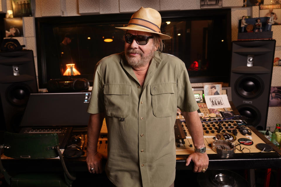 Hank Williams Jr. poses in a recording studio on June 6, 2022, in Nashville, Tenn., to promote his new album "Rich White Honky Blues," under his alter ego Thunderhead Hawkins. The album shows the Country Music Hall of Famer's early influences from blues that later helped him develop his blue-collar Southern country rock sound. (AP Photo/Mark Humphrey)