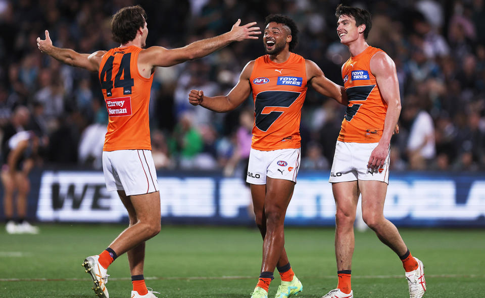 Jack Buckley, Connor Idun and Sam Taylor, pictured here after the Giants' win over Port Adelaide. 