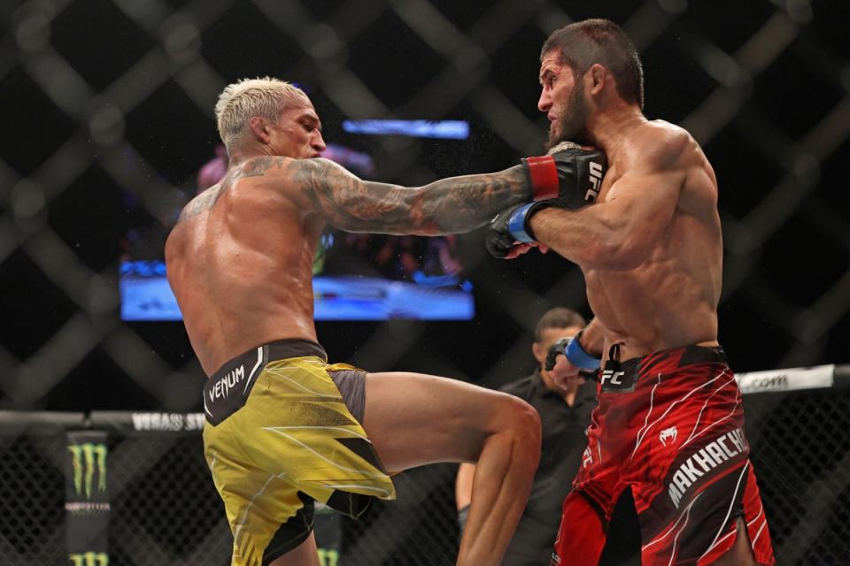 Makhachev dropped Charles Oliveira with a right hook before submitting the Brazilian (AFP via Getty Images)