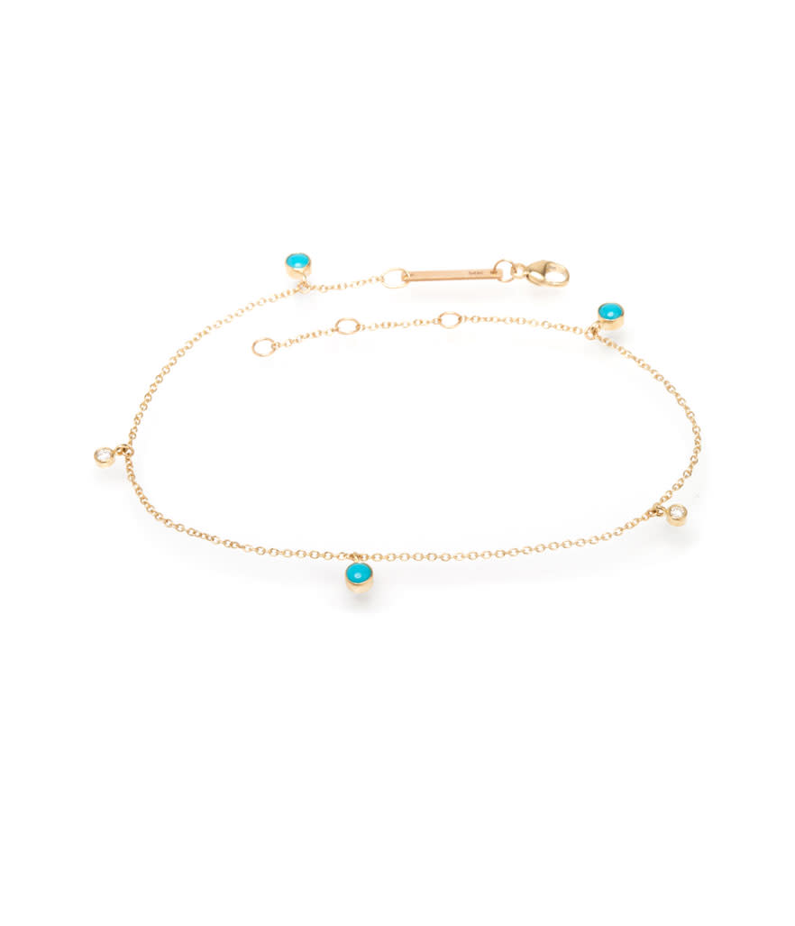 <p>Zoë Chicco turquoise-and-diamond anklet, $475, <a rel="nofollow noopener" href="https://zoechicco.com/collections/anklets/products/14k-turquoise-and-diamond-ankle-bracelet" target="_blank" data-ylk="slk:zoechicco.com;elm:context_link;itc:0;sec:content-canvas" class="link ">zoechicco.com </a> </p>