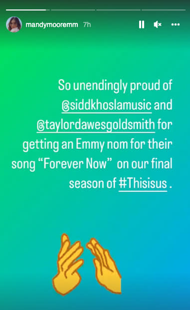 Mandy Moore applauds her husband on his Emmy nomination. (Instagram story/Mandy Moore)