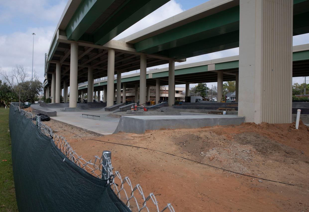 Construction on the Blake Doyle Skate Park, part of the Hollice T. Williams Park, in downtown Pensacola is underway on March 6, 2023. Pensacola has applied for a Hurricane Sally grant to help fund the continuation of the project.