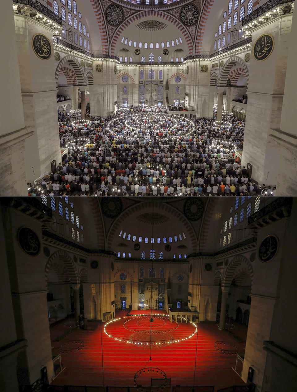 The combo photo shows sharp difference between crowded 2019 and deserted 2020 historical Suleymaniye Mosque where only few face masked people allowed to offer the Eid al-Fitr prayer amid concerns of the coronavirus outbreak, in Istanbul, early Sunday, May 24, 2020. Muslims in the world are marking a muted and gloomy religious festival of Eid al-Fitr, the end of the fasting month of Ramadan _ a usually joyous three-day celebration that has been significantly toned down due to the new coronavirus outbreak.(AP Photo/Emrah Gurel)