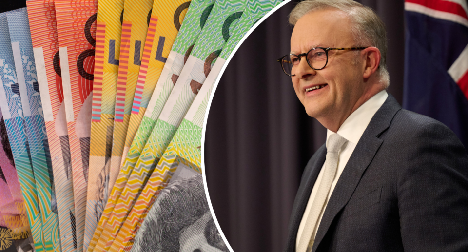 Wads of Aussie cash next to Anthony Albanese