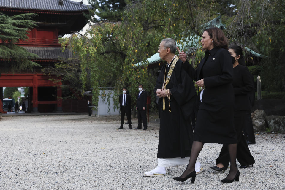 U.S. Vice President Kamala Harris visits Zojoji Temple on the day of the state funeral for former Prime Minister Shinzo Abe, Tuesday, Sept. 27, 2022, in Tokyo. (Leah Millis/Pool Photo via AP)