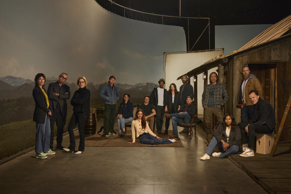 (L-R) Lena Headey, Kurt Sutter, Gillian Anderson, Nick Robinson, Diana Silvers, Aisling Franciosi, Lucas Till, Lamar Johnson, Katelyn Wells, Clayton Cardenas, Toby Hemingway, Michael Greyeyes, Natalia del Riego, Ryan Hurst and Otto Bathurst (director)