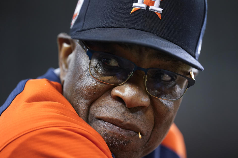 Houston Astros manager Dusty Baker Jr. watches against the Detroit Tigers in the sixth inning of a baseball game in Detroit, Tuesday, Sept. 13, 2022. (AP Photo/Paul Sancya)