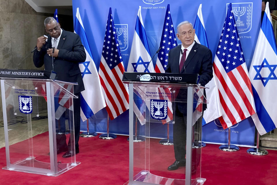 Israeli Prime Minister Benjamin Netanyahu and U.S. Defense Secretary Lloyd Austin prepare to deliver prepared remarks at his office, Monday, April 12, 2021, in Jerusalem. (Robert Burns)