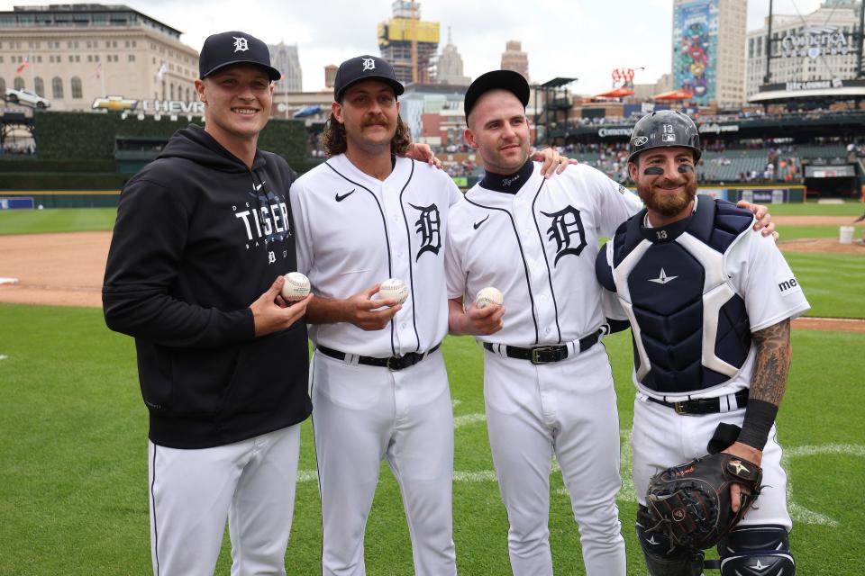 From left to right Matt Manning #25, Jason Foley #68 and Alex Lange #55 of the Detroit Tigers celebrate their combined no-hitter against the Toronto Blue Jays along with their catcher Eric Haase #13 at Comerica Park on July 8, 2023 in Detroit, Michigan.