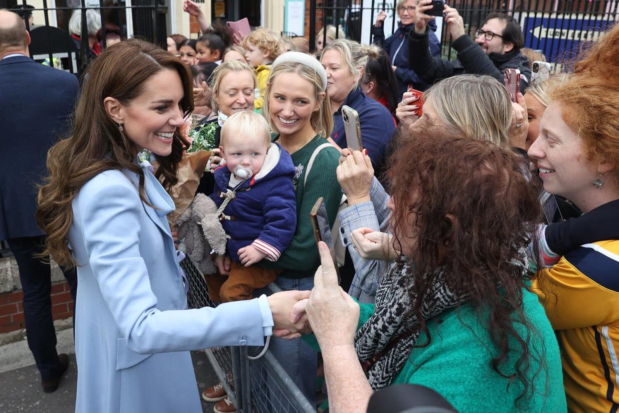 Catherine, Princess of Wales greets the public during their visit to Carrickfergus Castle on October 06, 2022 in Belfast, Northern Ireland.