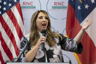 FILE - Republican National Committee Chair Ronna McDaniel speaks to a packed room at the opening of the RNC's new Hispanic Community Center in Suwanee, Ga., June 29, 2022. (AP Photo/Ben Gray, File)