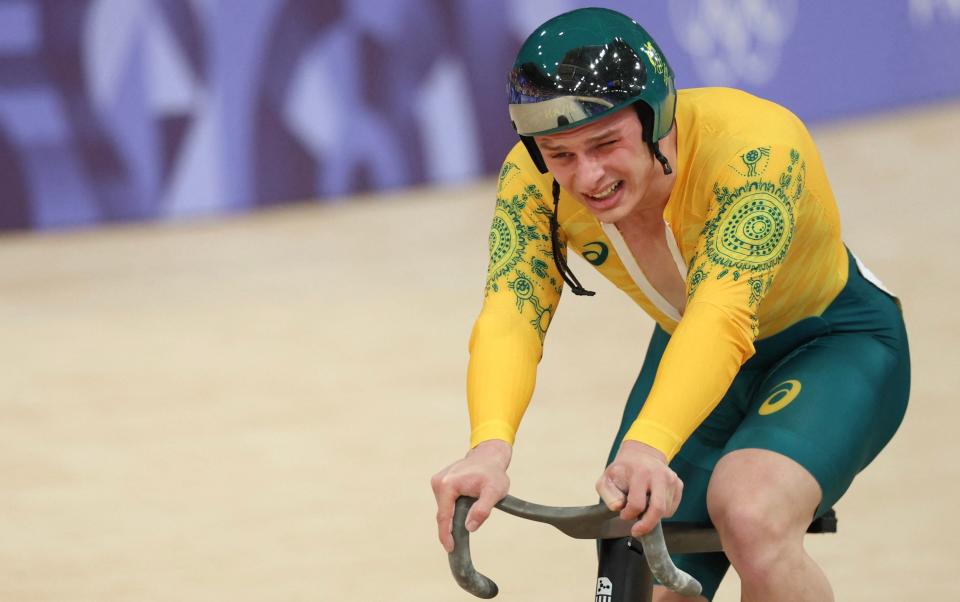 Australia's Matthew Richardson reacts after competing in a quarter-final of the men's track cycling keirin during the Paris 2024 Olympic Games at the National Velodrome of Saint-Quentin-en-Yvelines in Montigny-le-Bretonneux, southwest of Paris, on August 11, 2024