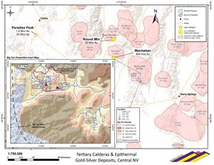 A summary of select ages for Tertiary volcanic calderas in central Nevada taken from two papers published by the GSA (Geological Society of America) in 2013, one by Henry and John, and the other by Best and colleagues.  The inset map shows