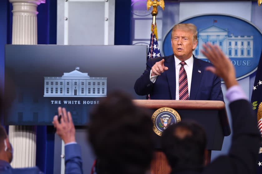 US President Donald Trump answers questions during a news conference in the Brady Briefing Room of the White House in Washington, DC, on August 12, 2020. (Photo by Nicholas Kamm / AFP) (Photo by NICHOLAS KAMM/AFP via Getty Images)