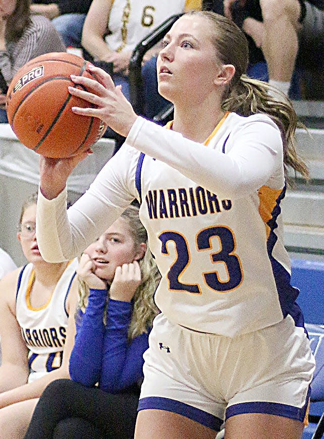 Lyndsey Archer of Castlewood takes aim on a 3-pointer during the Warriors' 74-46 SoDak 16 Class B state-qualifying girls basketball victory over Timber Lake on Thursday, March 2, 2023 in Redfield.