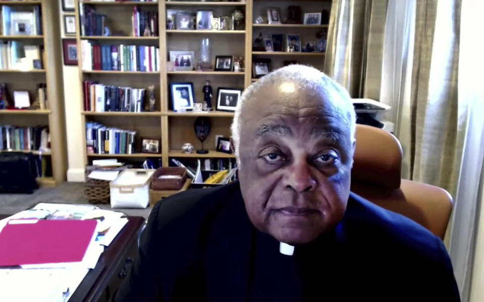 In this photo taken from video, Cardinal Wilton Gregory of Washington rejects a motion to draft a formal statement on the meaning of the Eucharist in the life of the church during the U.S. Conference of Catholic Bishops' virtual assembly on Thursday, June 17, 2021. Wilton has made clear that Biden is welcome to receive Communion at churches in the archdiocese. (United States Conference of Catholic Bishops via AP)