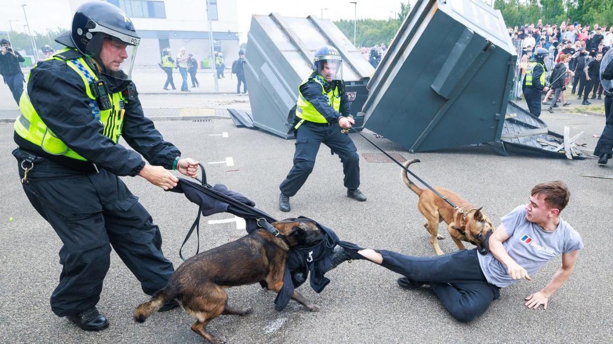 A police officer with a police dog is controlling the dog who is biting on to a young person's trousers. A second police officer is also controlling a second police dog which is on the torso the young person.