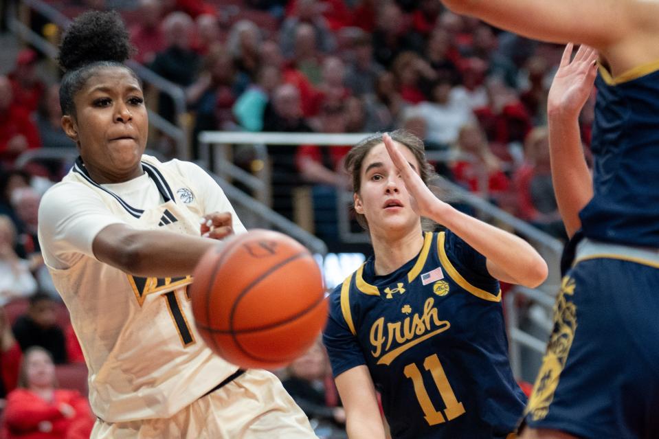 Cardinals guard Kiki Jefferson (12) helped U of L hold off Boston College on Thursday night.