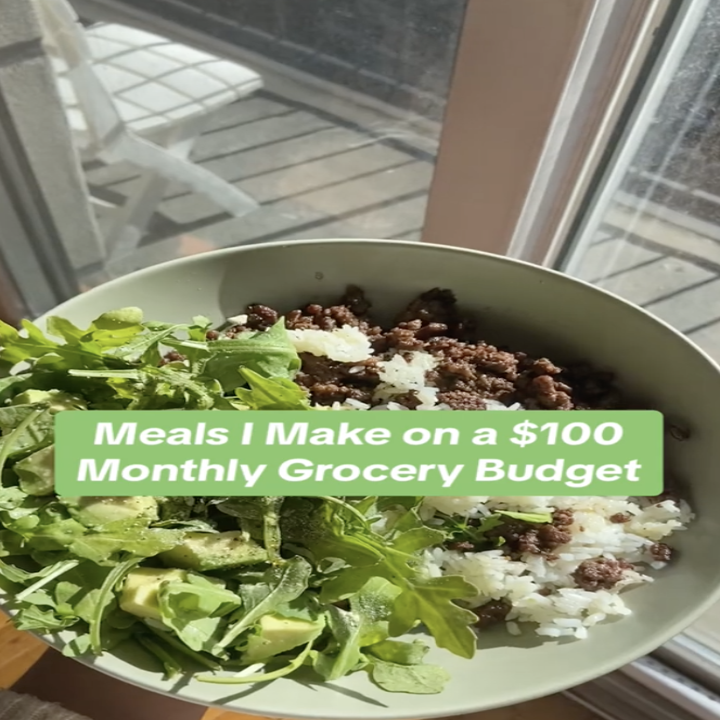 Maria holding a bowl with veggies, rice, and ground beef