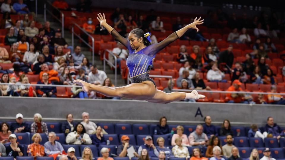 PHOTO: Morgan Price, of the Fisk Bulldogs, competes on the balance beam at Neville Arena on February 2, 2024 in Auburn, Alabama. (Stew Milne/Getty Images)