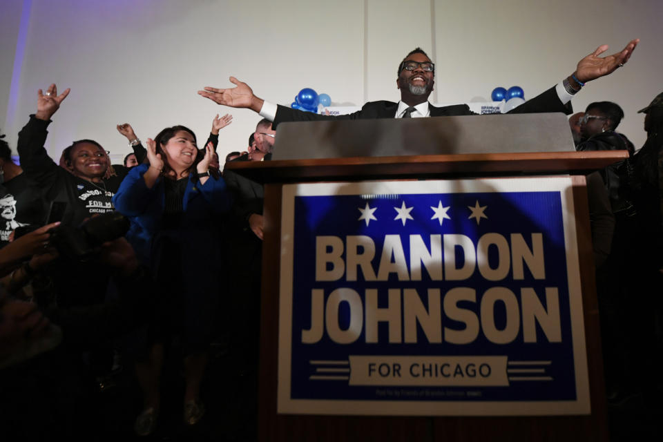 Chicago mayoral candidate Cook County Commissioner Brandon Johnson celebrates with supporters, Tuesday, Feb. 28, 2023, in Chicago. Johnson and Paul Vallas will meet in a runoff to be the next mayor of Chicago after voters denied incumbent Lori Lightfoot a second term. (AP Photo/Paul Beaty)