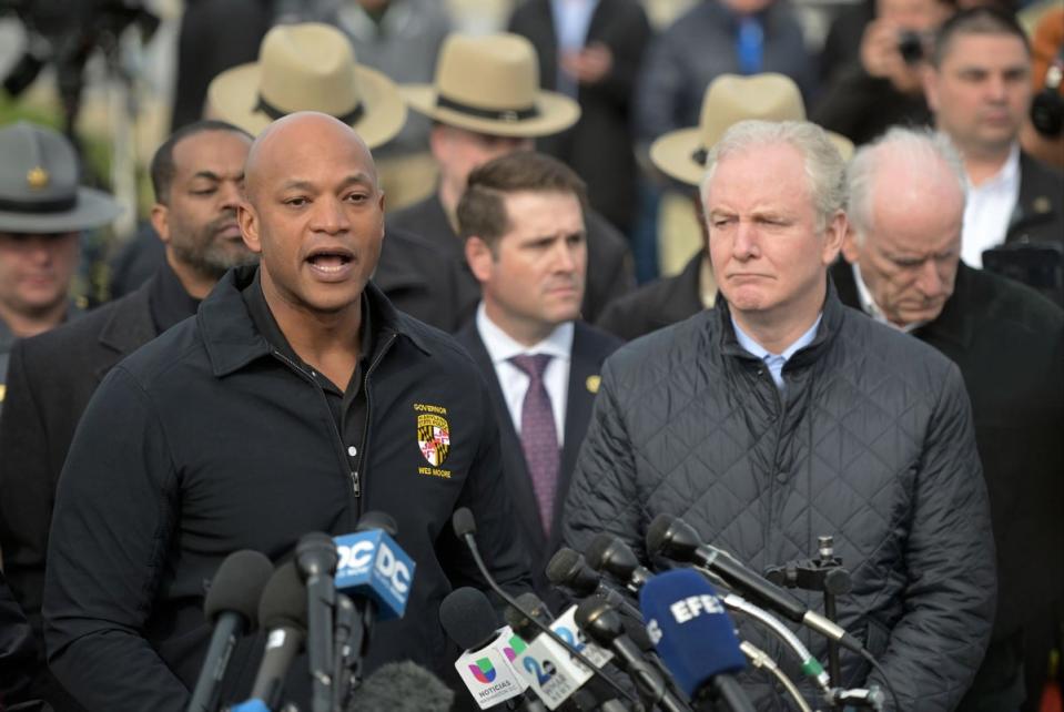 Maryland Govenor Wes Moore (left) speaks during a news conference (AP)