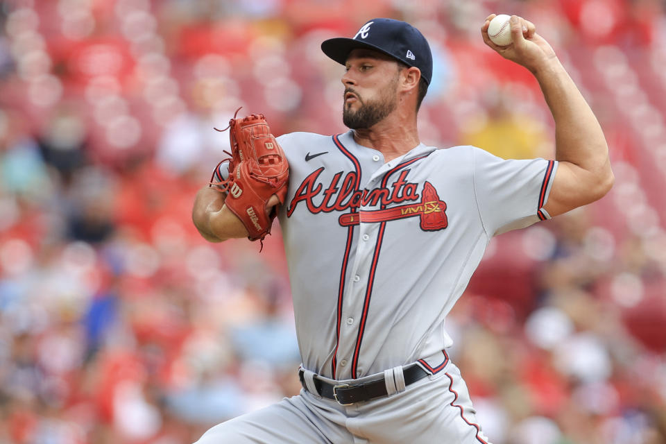 Atlanta Braves' Kyle Muller throws during the first inning of a baseball game against the Cincinnati Reds in Cincinnati, Sunday, June 27, 2021. (AP Photo/Aaron Doster)