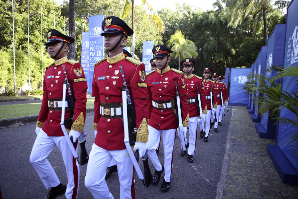 Indonesian presidential guard of honor line up as they prepare for the opening ceremony of the 10th World Water Forum in Nusa Dua, Bali, Indonesia on Monday, May 20, 2024. (AP Photo/Firdia Lisnawati)