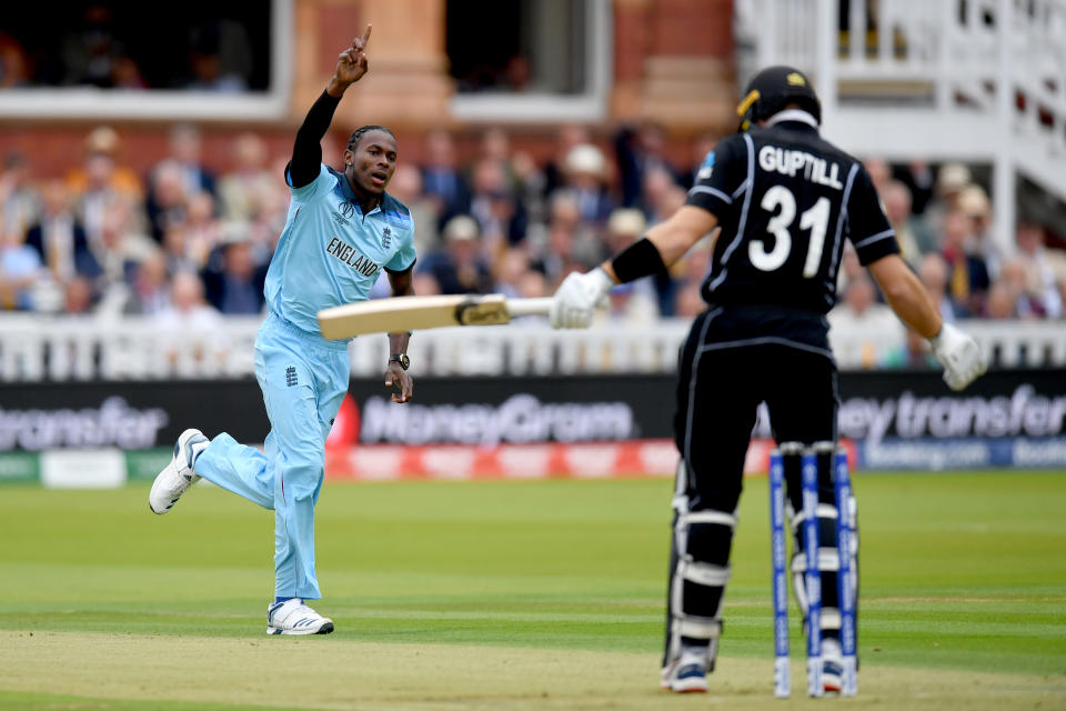 Jofra Archer celebrates what he believed was the wicket of Martin Guptill (Photo by Mike Hewitt/Getty Images)