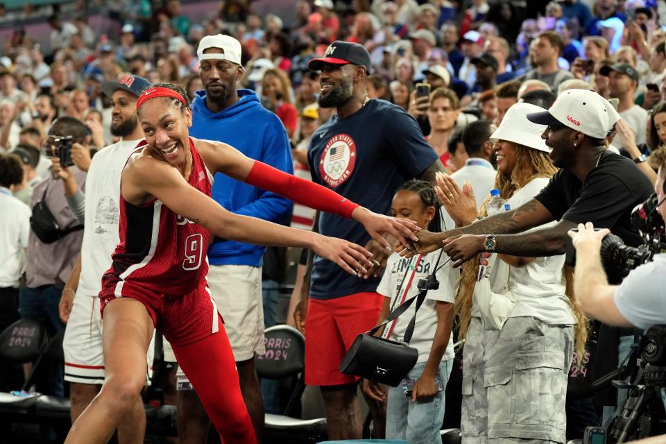 Aug 11, 2024; Paris, France; United States forward A'Ja Wilson (9) celebrates with sports agent Rich Paul after defeating France in the women's gold medal game during the Paris 2024 Olympic Summer Games at Accor Arena. Mandatory Credit: Kyle Terada-USA TODAY Sports ORG XMIT: OLY-890073 ORIG FILE ID: 20240811_lbm_yz1_169.JPG