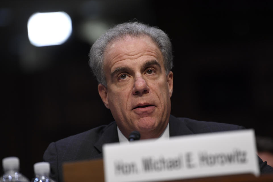 Department of Justice Inspector General Michael Horowitz testifies at a Senate Judiciary Committee on Capitol Hill in Washington, Wednesday, Dec. 11, 2019, during a hearing on the Inspector General's report on alleged abuses of the Foreign Intelligence Surveillance Act. (AP Photo/Susan Walsh)