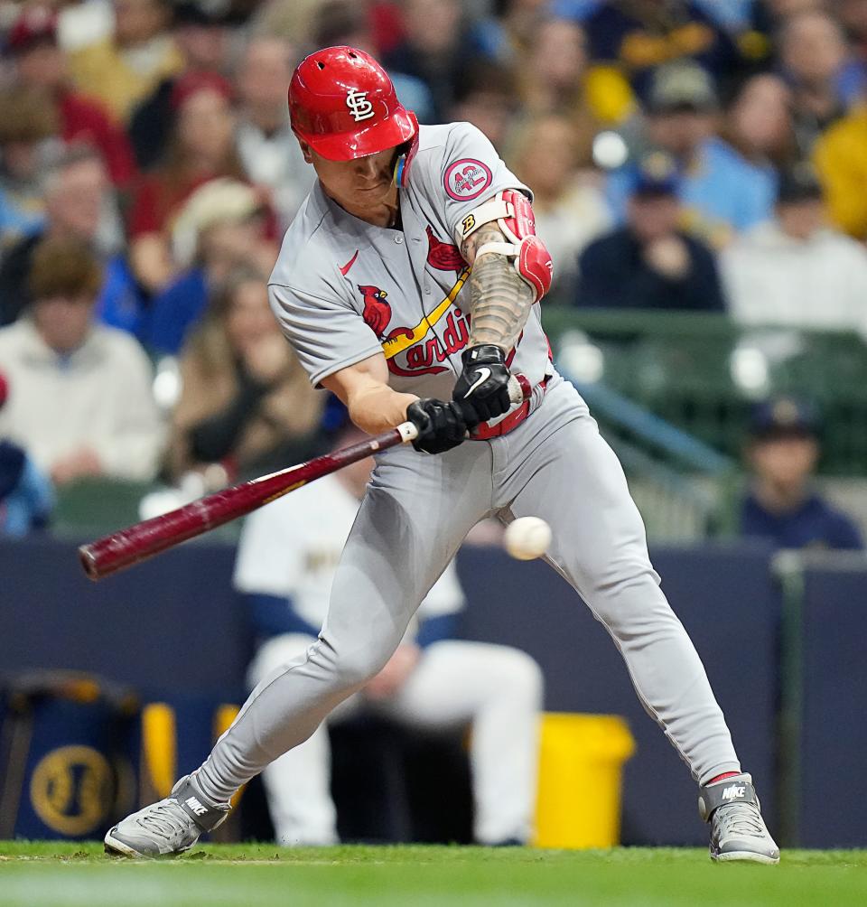 St. Louis Cardinals center fielder Tyler O'Neill (27) makes contact during the fifth inning against the Milwaukee Brewers on April 8 in Milwaukee.