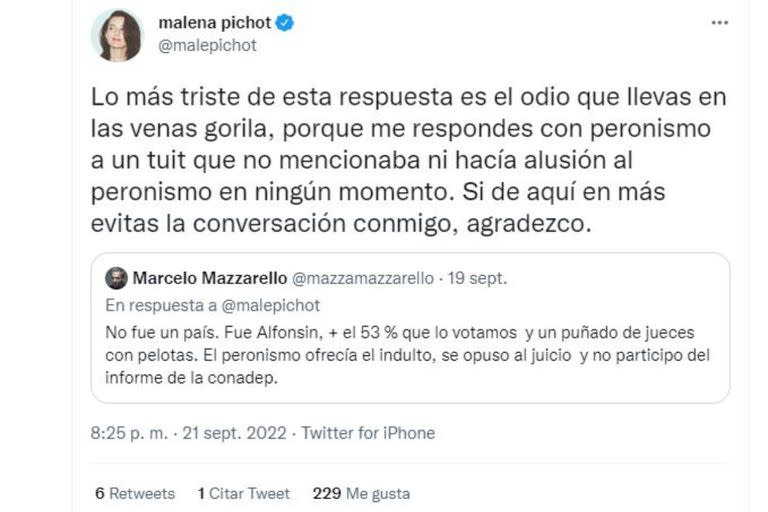 Malena Pichot retuiteó la respuestas de Marcelo Mazzarello y respondió con una mención al "odio" del actor y con un llamado a finalizar el intercambio de mensajes