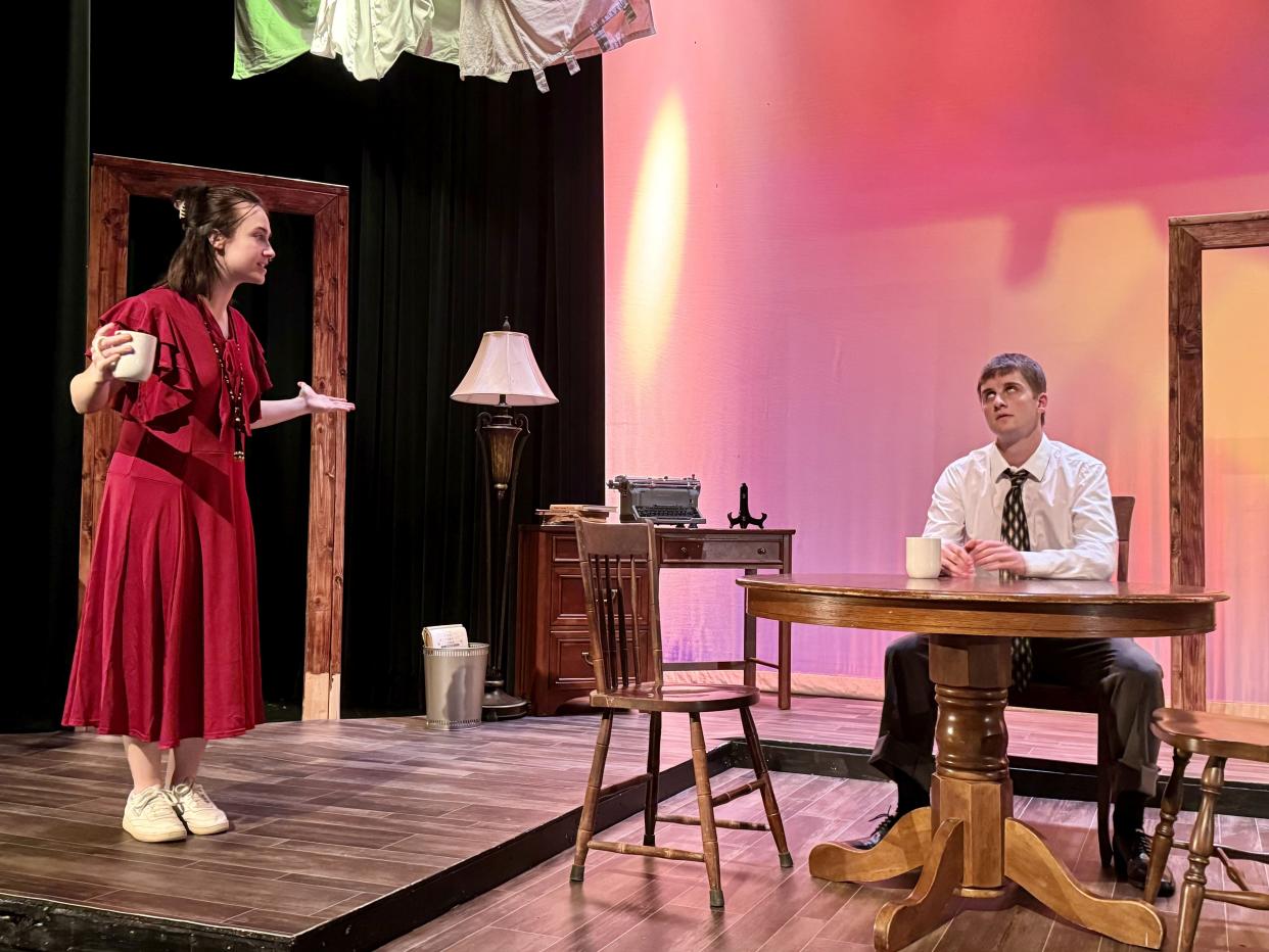 Madison Farrow and Jacob Rhinehart portray Amanda Wingfield and her son, Tom, in the Gadsden State Community College Theater Department's production of Tennessee Williams' "The Glass Menagerie" set for Thursday through Sunday at the Wallace Hall Fine Arts Center.