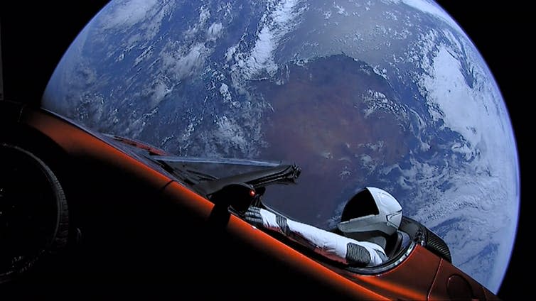 <span class="caption">A publicity stunt in February 2018 saw Elon Musk’s Tesla launch a luxury car into space.</span> <span class="attribution"><a class="link " href="https://commons.wikimedia.org/wiki/File:Elon_Musk%27s_Tesla_Roadster_(40143096241).jpg" rel="nofollow noopener" target="_blank" data-ylk="slk:SpaceX/Wikimedia Commons;elm:context_link;itc:0;sec:content-canvas">SpaceX/Wikimedia Commons</a></span>