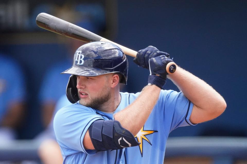Tampa Bay Rays designated hitter Austin Meadows (17) bats during a spring training baseball game against the Boston Red Sox last year.
