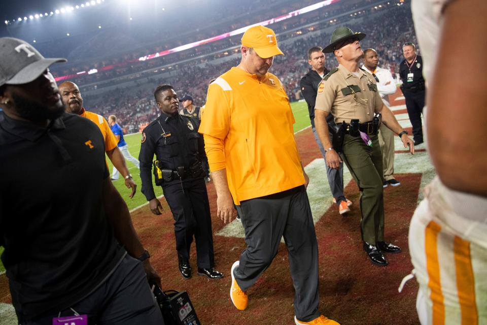 Tennessee Football Coach Josh Heupel walks off the field following a football game between the Tennessee Volunteers and the Alabama Crimson Tide at Bryant-Denny Stadium in Tuscaloosa, Ala., on Saturday, Oct. 23, 2021.
