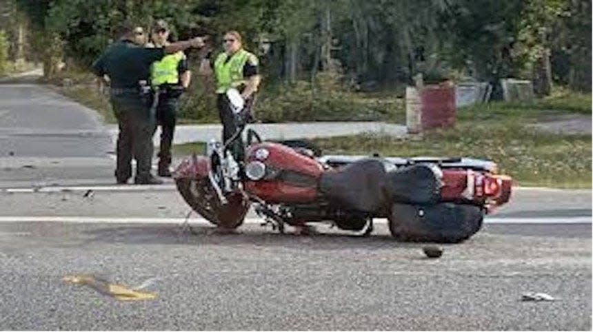 A motorcycle belonging to Julia “Jenny” Perez, 54, of St. Augustine is seen in this April 7, 2019, photograph after a crash with a St. Johns County Sheriff's Office deputy who was found at fault. Perez said she is unable to work, homeless and in need of continuing medical care. A bill pending in the Legislature by state Sen. Jennifer Bradley, R-Orange Park, would permit the sheriff's office to pay a $15 million judgment to Perez from county funds.
