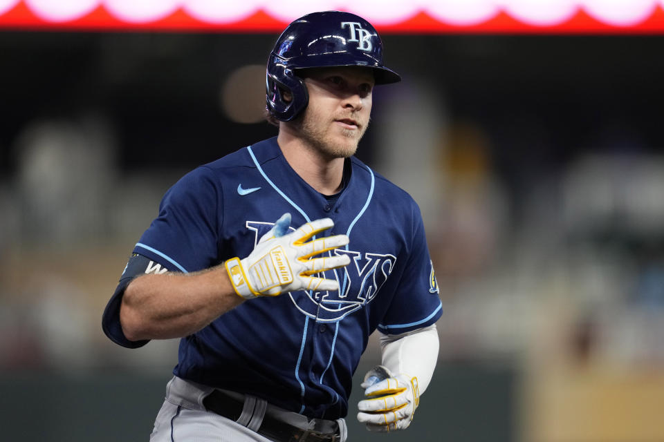 Tampa Bay Rays' Taylor Walls runs the bases after hitting a three-run home run against the Minnesota Twins during the fifth inning of a baseball game Monday, Sept. 11, 2023, in Minneapolis. (AP Photo/Abbie Parr)