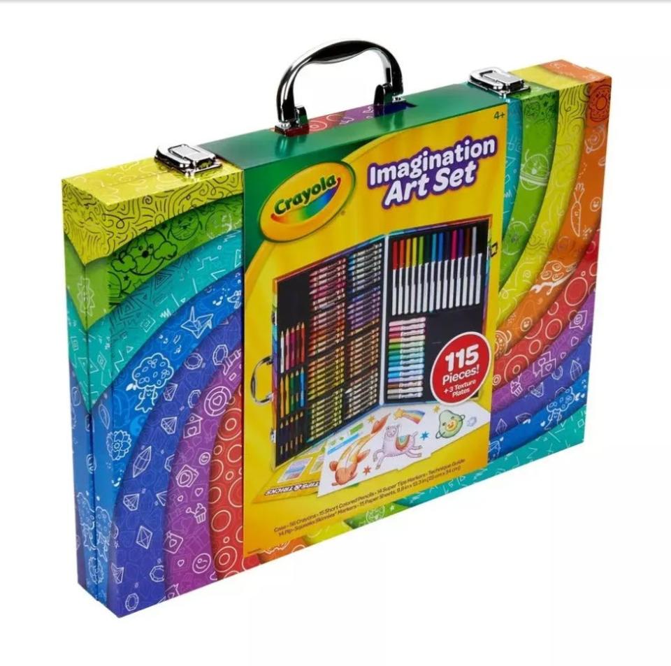 closed briefcase imagination art set of 115 pieces of markers, crayons and colored pencils