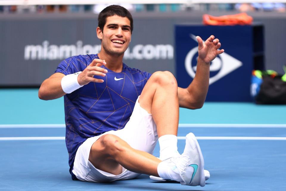 Carlos Alcaraz of Spain celebrates match point against Casper Ruud of Norway in the Men's Singles final during the Miami Open at Hard Rock Stadium