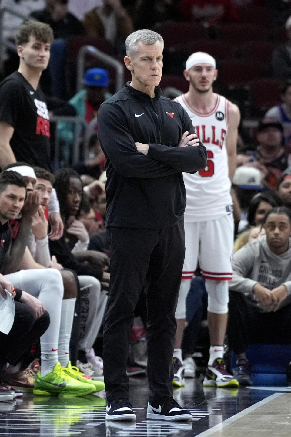Chicago Bulls coach Billy Donovan watches play during the second half of the team's NBA basketball game against the New York Knicks in Chicago, Tuesday, April 9, 2024. The Knicks won 128-117. (AP Photo/Nam Y. Huh)