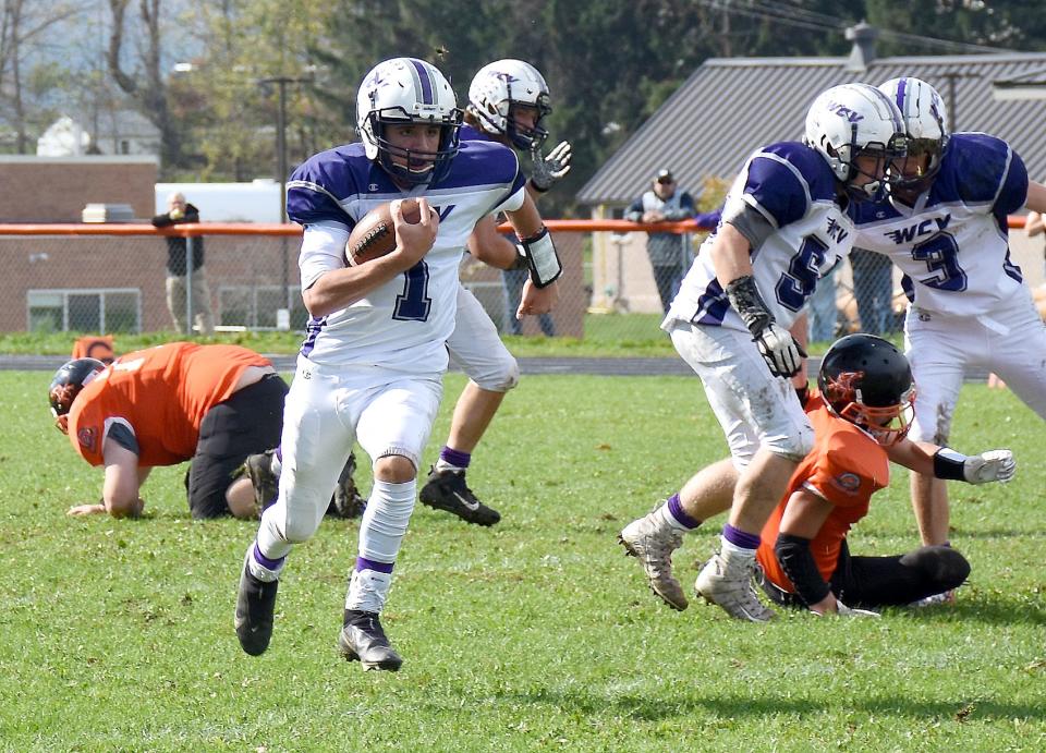 Quarterback Brayden Shepardson (1) pictured during a five-touchdown game against Cooperstown Oct. 16, 2021, ran and passed West Canada Valley to Section III's eight-player football championship during his varsity debut as a junior.