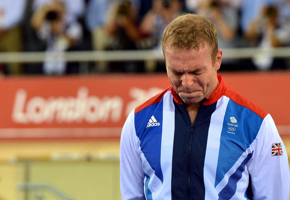 File photo dated 07/08/2012 of Great Britain's Sir Chris Hoy becomes emotional as he celebrates winning Gold in the Men's Keirin Final on day Eleven of the Olympic Games at the Velodrome in London.