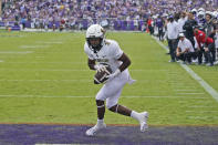 Colorado running back Dylan Edwards (3) scores a touchdown during the first half of an NCAA college football game against TCU Saturday, Sept. 2, 2023, in Fort Worth, Texas. (AP Photo/LM Otero)