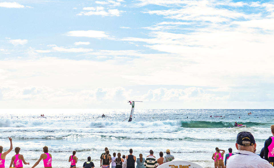 Onlookers, pictured here watching Bryce Munro's wipeout from the beach.