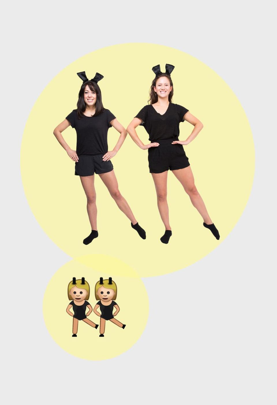 <p>For a matching costume inspired by your most-used emojis, you need a pair of black tees, black shorts, black socks and black bunny ears that are either folded or cut to get a flat top. </p><p><strong>RELATED</strong>: <a href="https://www.goodhousekeeping.com/holidays/halloween-ideas/how-to/g3853/homemade-emoji-costumes/" rel="nofollow noopener" target="_blank" data-ylk="slk:Homemade Emoji Costume Ideas That Are Perfect for Halloween;elm:context_link;itc:0;sec:content-canvas" class="link ">Homemade Emoji Costume Ideas That Are Perfect for Halloween</a></p>