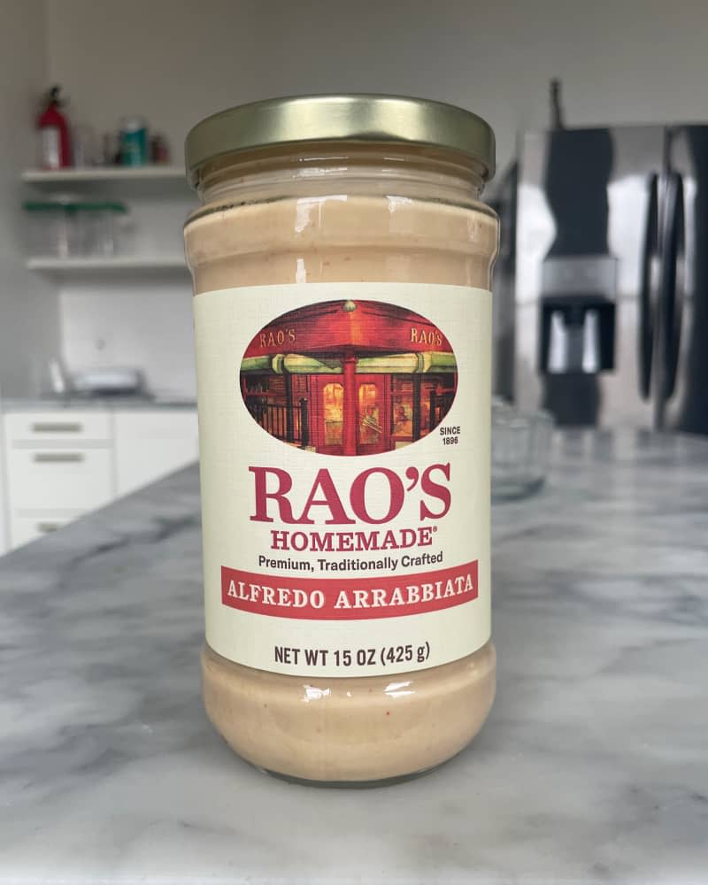 Rao's new sauces taste test: jar of Alfredo Arrabbiata sauce on counter